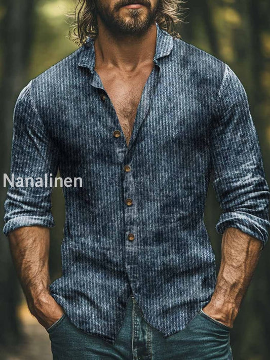 Men’s Vintage Style Corduroy Stripes Print Art Casual Cotton Shirt Blue / S
