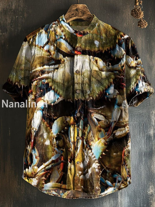 Men`s Vintage Style Crabs Print Cotton Casual Short Sleeve Shirt Colorful / S