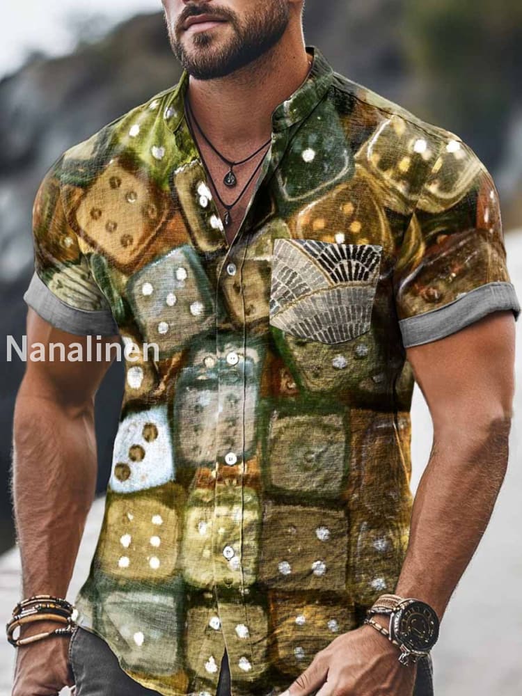 Men`s Vintage Style Dice Print Cotton Casual Short Sleeve Shirt Colorful / S