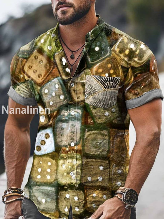 Men`s Vintage Style Dice Print Cotton Casual Short Sleeve Shirt Colorful / S