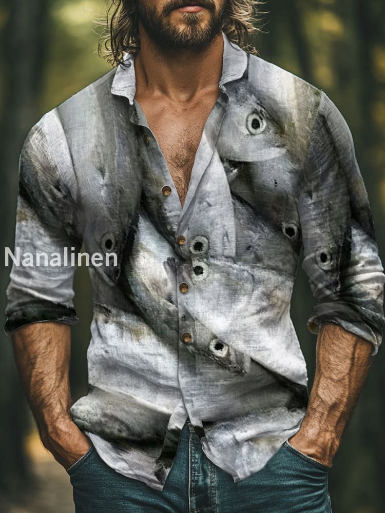 Men’s Vintage Style Fishs Print Art Casual Cotton Shirt Colorful / S