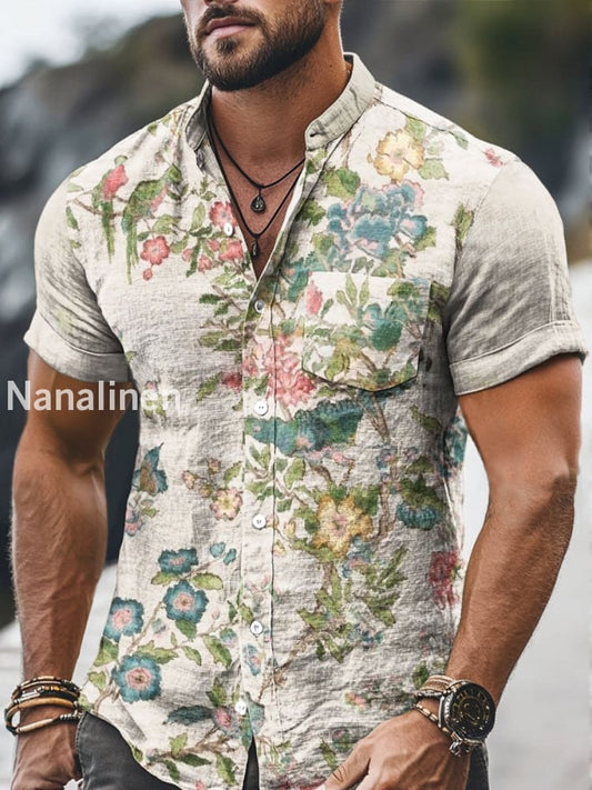 Men`s Vintage Style Floral And Bidrs Print Cotton Casual Short Sleeve Shirt Colorful / S