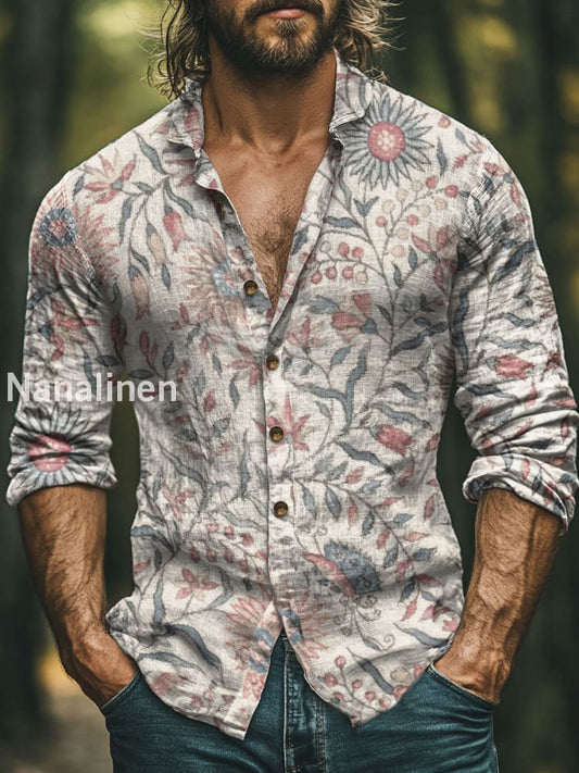 Men’s Vintage Style Floral Print Art Casual Cotton Shirt Colorful / S