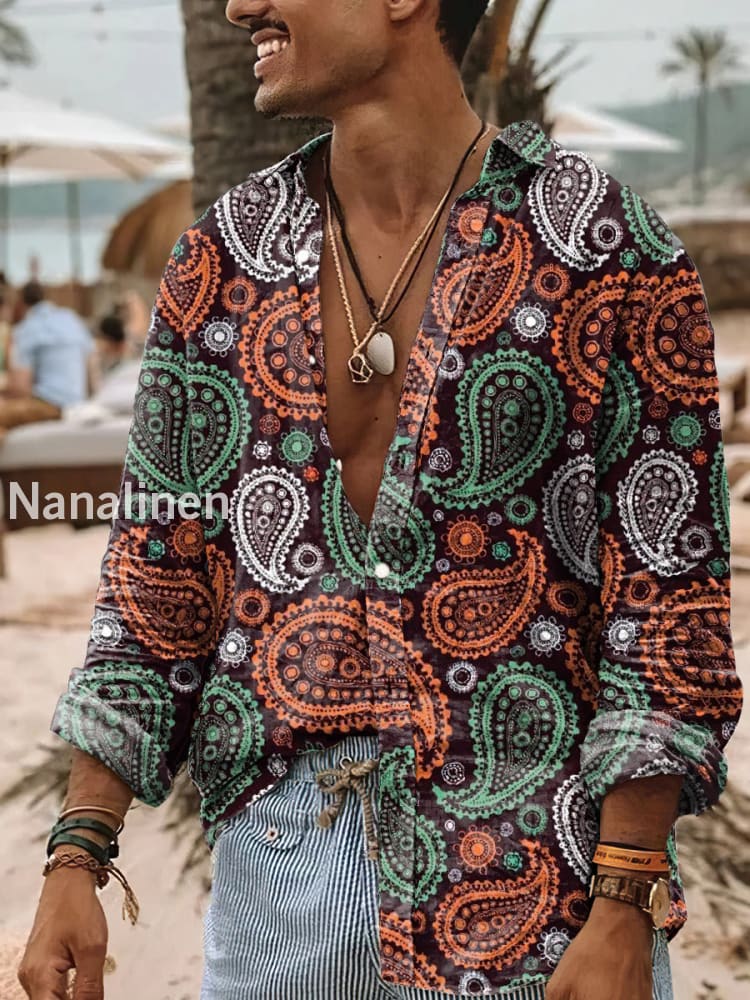 Men’s Vintage Style Floral Print Art Casual Cotton Shirt Colorful / S