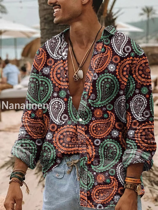 Men’s Vintage Style Floral Print Art Casual Cotton Shirt Colorful / S