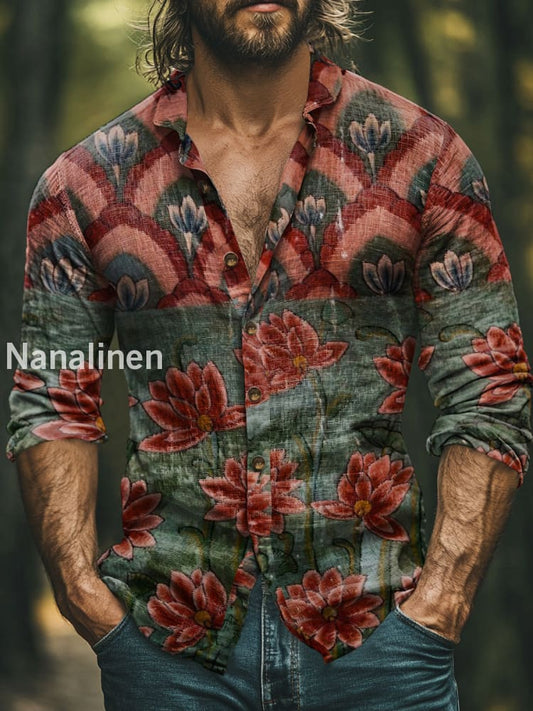 Men’s Vintage Style Floral Print Art Casual Cotton Shirt Colorful / S