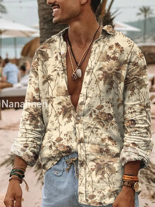 Men’s Vintage Style Floral Print Art Casual Cotton Shirt Colorful / S