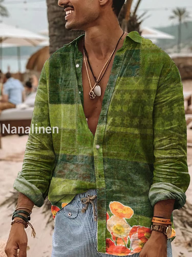 Men’s Vintage Style Floral Print Art Casual Cotton Shirt Colorful / S