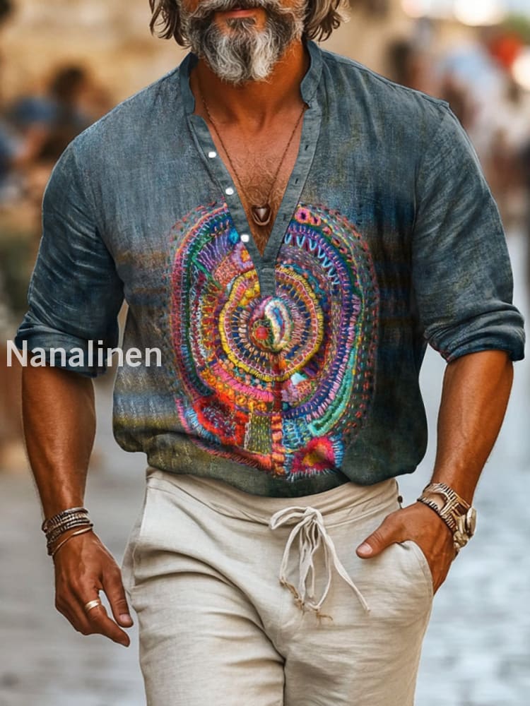 Men`s Vintage Style Floral Print Cotton Casual Long Sleeve Shirt Colorful / S