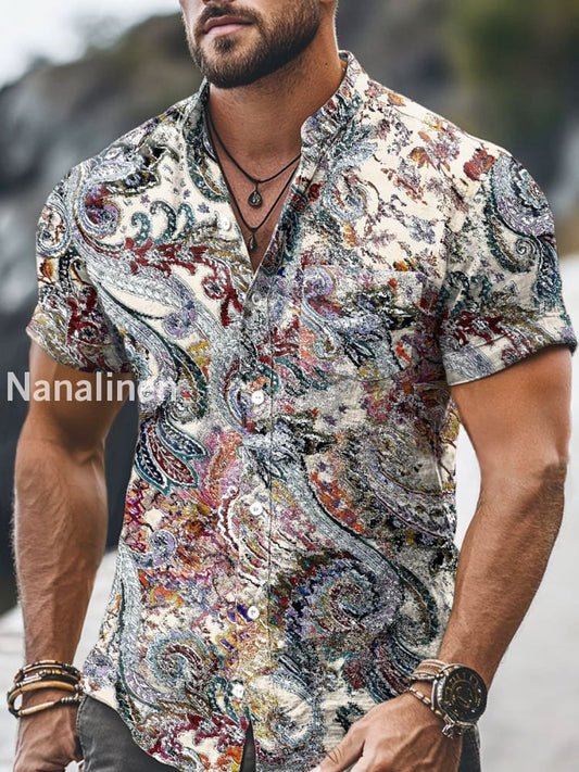 Men`s Vintage Style Floral Print Cotton Casual Short Sleeve Shirt Colorful / S