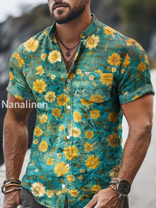 Men`s Vintage Style Floral Print Cotton Casual Short Sleeve Shirt Colorful / S