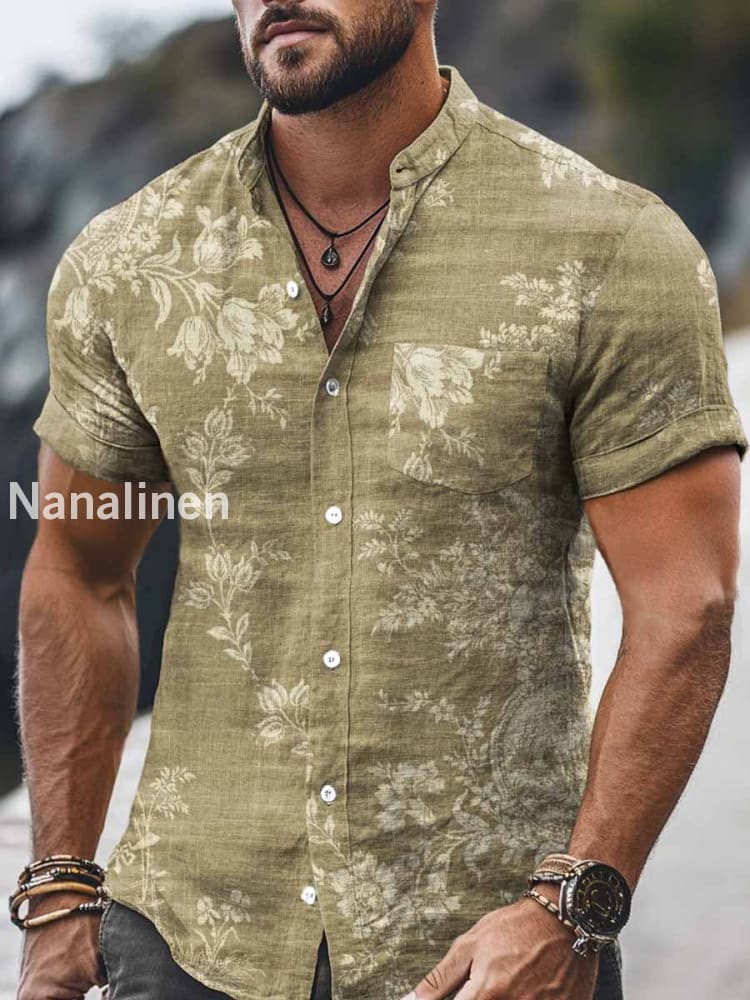 Men`s Vintage Style Floral Print Cotton Casual Short Sleeve Shirt Colorful / S
