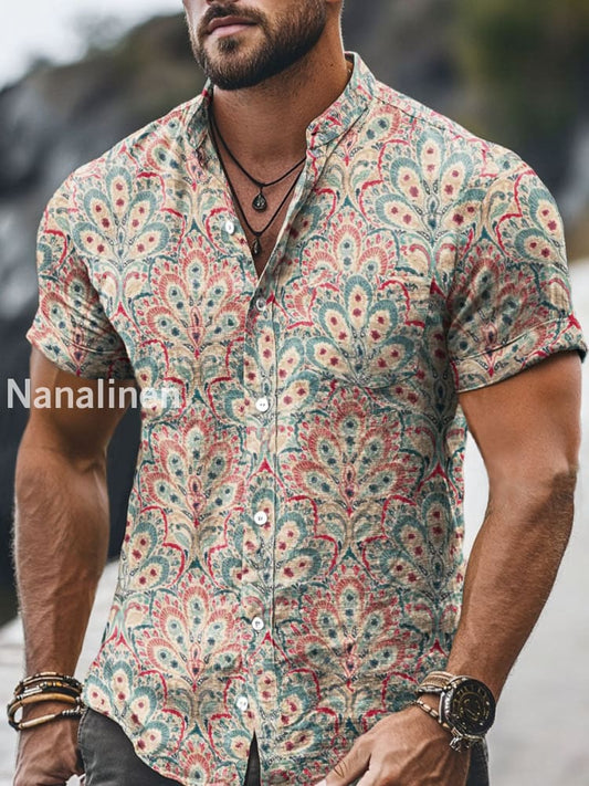 Men`s Vintage Style Floral Print Cotton Casual Short Sleeve Shirt Colorful / S