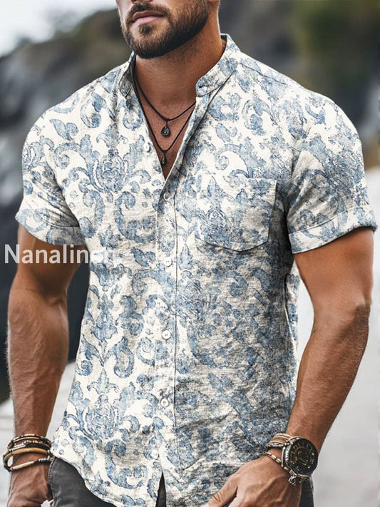 Men`s Vintage Style Floral Print Cotton Casual Short Sleeve Shirt Colorful / S