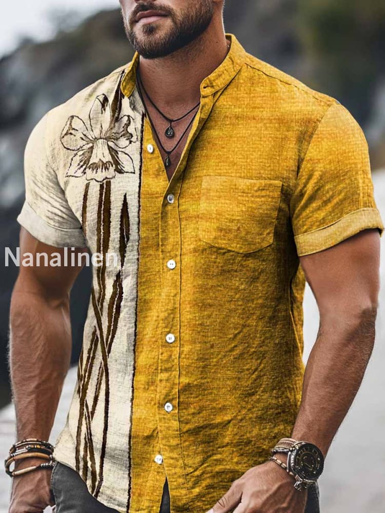 Men`s Vintage Style Floral Print Cotton Casual Short Sleeve Shirt Colorful / S