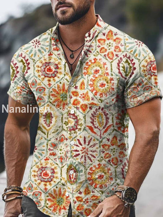 Men`s Vintage Style Floral Print Cotton Casual Short Sleeve Shirt Colorful / S