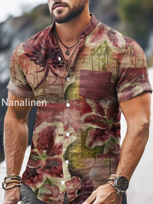 Men`s Vintage Style Floral Print Cotton Casual Short Sleeve Shirt Colorful / S