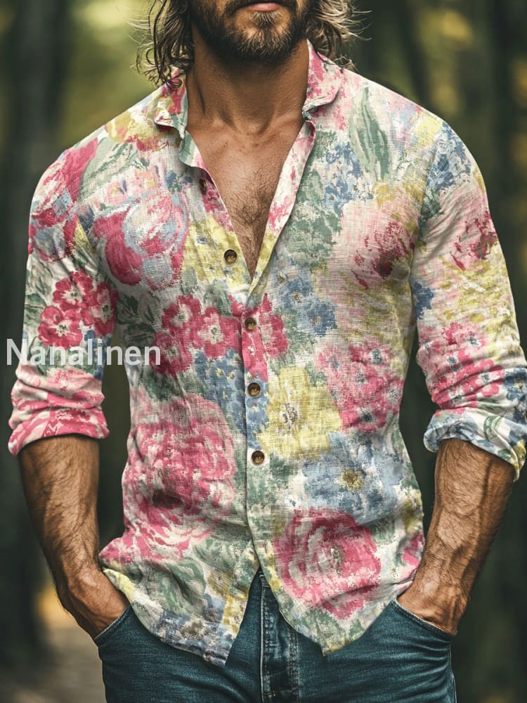 Men’s Vintage Style Flowers Print Art Casual Cotton Shirt Colorful / S