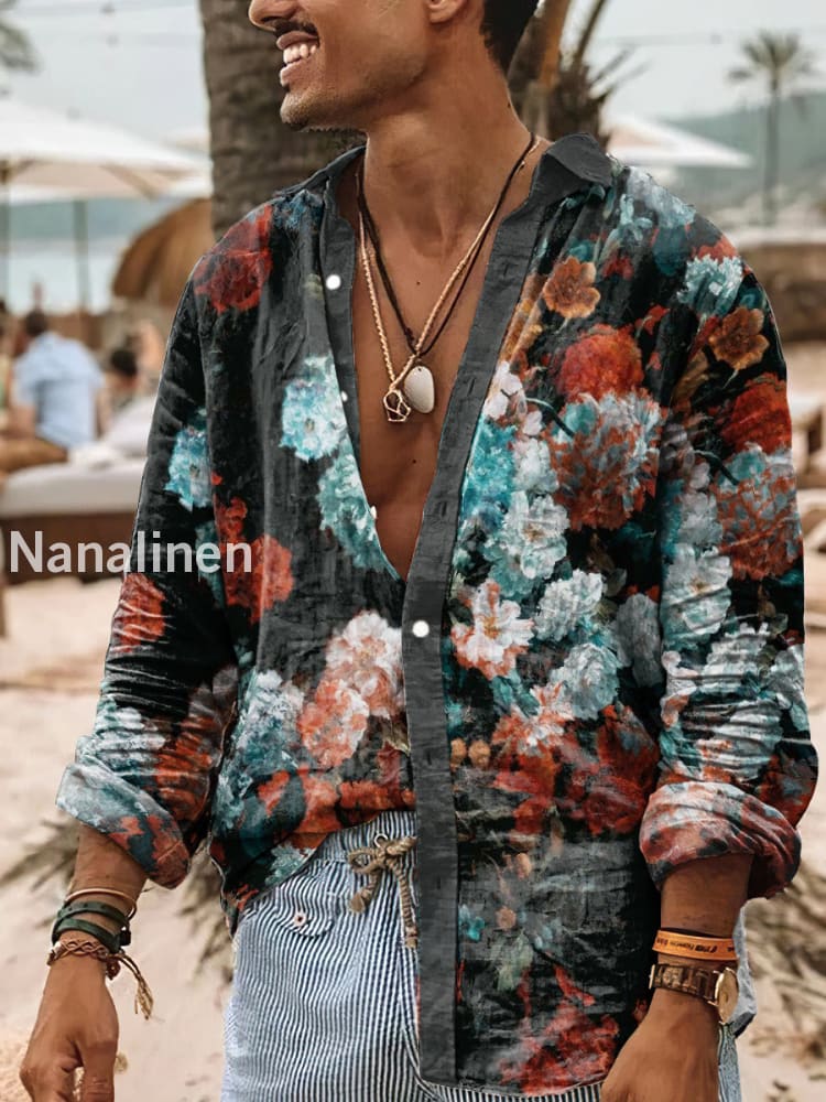 Men’s Vintage Style Flowers Print Art Casual Cotton Shirt Colorful / S