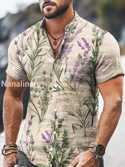 Men`s Vintage Style Flowers Print Cotton Casual Short Sleeve Shirt Colorful / S