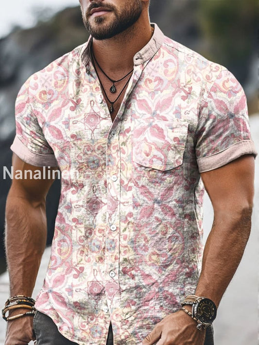 Men`s Vintage Style Flowers Print Cotton Casual Short Sleeve Shirt Pink / S