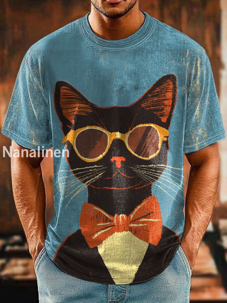 Men`s Vintage Style Funny Cats Abstract Art Print Design T-Shirt Colorful / S