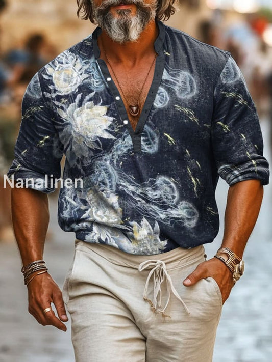 Men`s Vintage Style Jellyfish Print Cotton Casual Long Sleeve Shirt Colorful / S