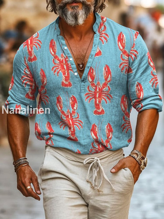 Men`s Vintage Style Lobster Print Cotton Casual Long Sleeve Shirt Colorful / S