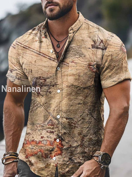 Men`s Vintage Style Maps Print Cotton Casual Short Sleeve Shirt Colorful / S