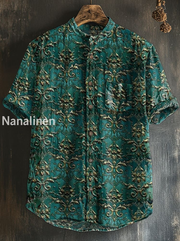 Men`s Vintage Style Palace Pattern Print Cotton Casual Short Sleeve Shirt Colorful / S