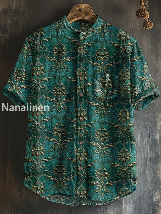Men`s Vintage Style Palace Pattern Print Cotton Casual Short Sleeve Shirt Colorful / S