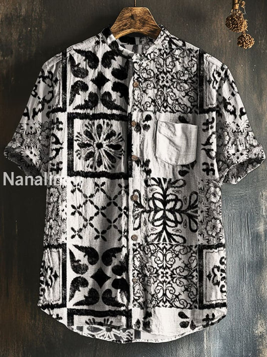Men`s Vintage Style Patterm Print Cotton Casual Short Sleeve Shirt Colorful / S