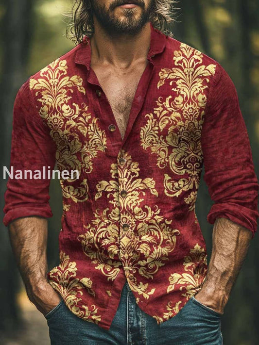 Men’s Vintage Style Pattern Art Print Casual Cotton Long Sleeve Shirt Red / S