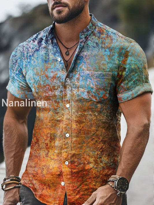 Men`s Vintage Style Pattern Print Cotton Casual Short Sleeve Shirt Colorful / S