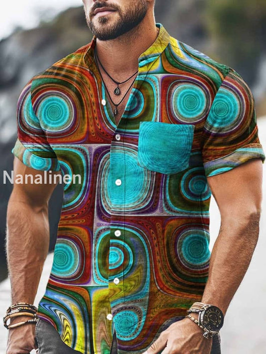 Men`s Vintage Style Pattern Print Cotton Casual Short Sleeve Shirt Colorful / S