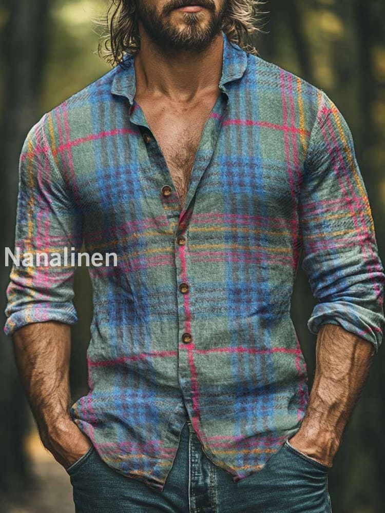 Men’s Vintage Style Plaid Print Art Casual Cotton Shirt Colorful / S