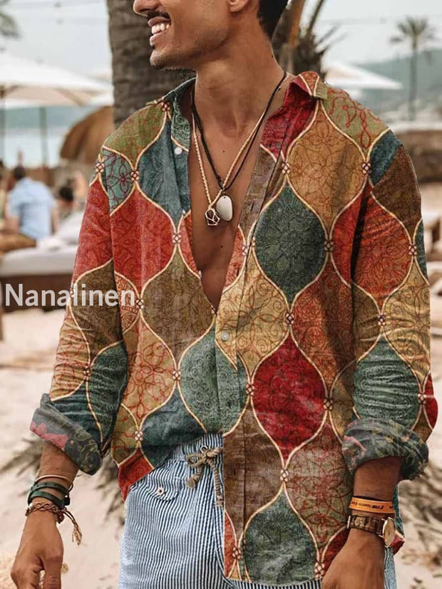 Men’s Vintage Style Plaid Print Art Casual Cotton Shirt Colorful / S