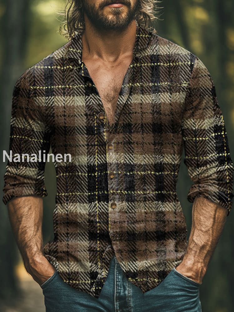 Men’s Vintage Style Plaid Print Art Casual Cotton Shirt Colorful / S