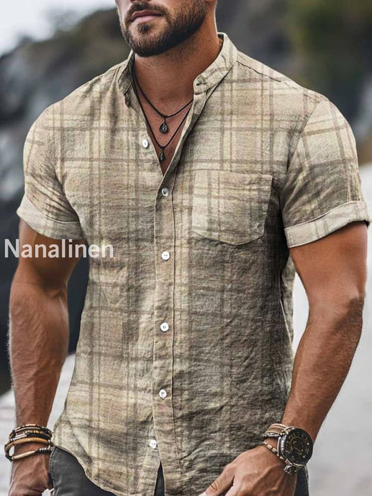 Men`s Vintage Style Plaids Print Cotton Casual Short Sleeve Shirt Colorful / S