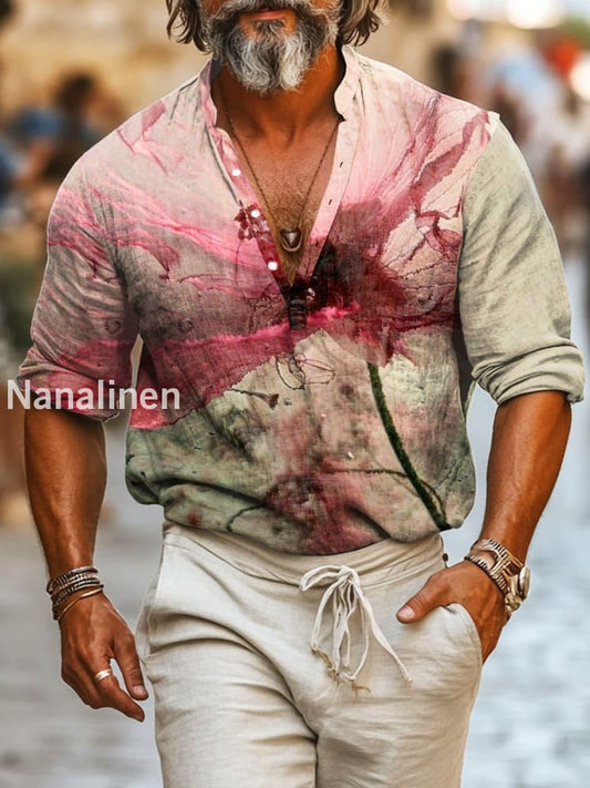 Men`s Vintage Style Poppy Print Cotton Casual Long Sleeve Shirt Colorful / S
