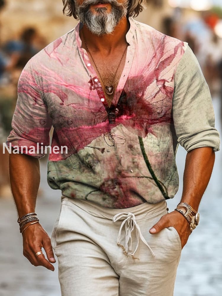 Men`s Vintage Style Poppy Print Cotton Casual Long Sleeve Shirt Colorful / S