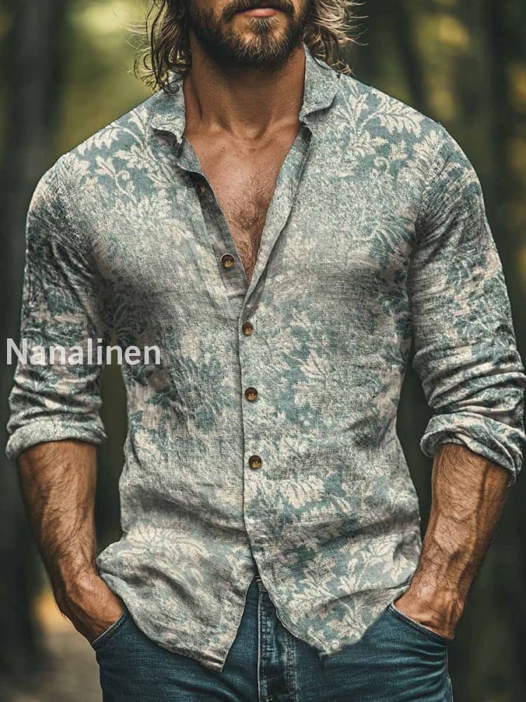 Men’s Vintage Style Retro Floral Print Art Casual Cotton Shirt Colorful / S