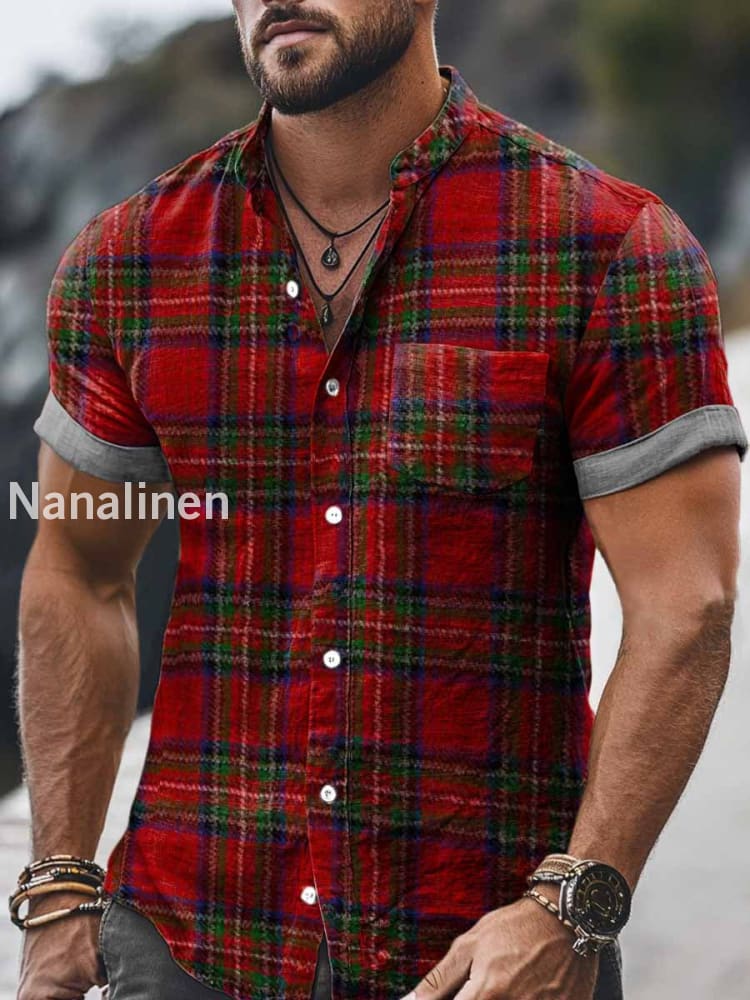 Men`s Vintage Style Scottish Tartan Print Cotton Casual Short Sleeve Shirt Red / S