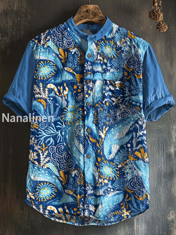 Men`s Vintage Style Sea World Print Cotton Casual Short Sleeve Shirt Colorful / S