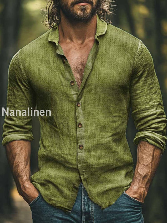 Men’s Vintage Style Solid Color Print Art Casual Cotton Shirt Green / S
