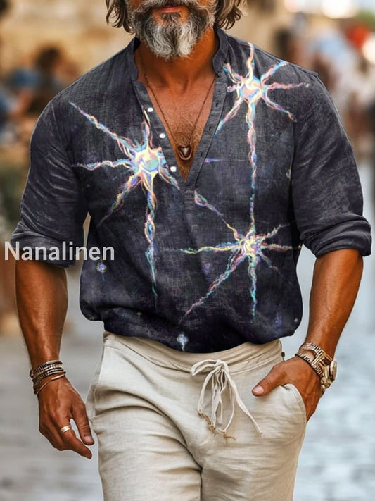 Men`s Vintage Style Star Print Cotton Casual Long Sleeve Shirt Colorful / S