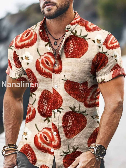 Men`s Vintage Style Strawberry Print Cotton Casual Short Sleeve Shirt Colorful / S
