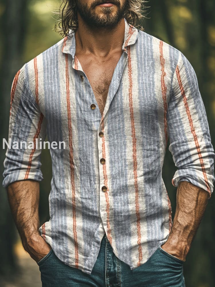 Men’s Vintage Style Stripes Print Art Casual Cotton Shirt Colorful / S