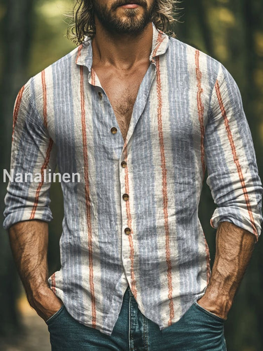 Men’s Vintage Style Stripes Print Art Casual Cotton Shirt Colorful / S