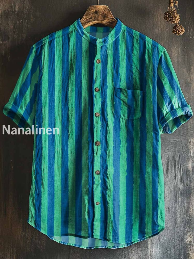 Men`s Vintage Style Stripes Print Cotton Casual Short Sleeve Shirt Colorful / S